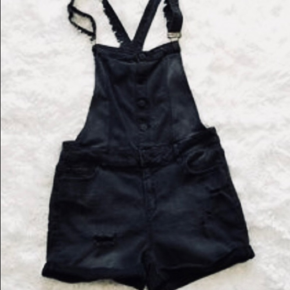Distressed black denim short overalls